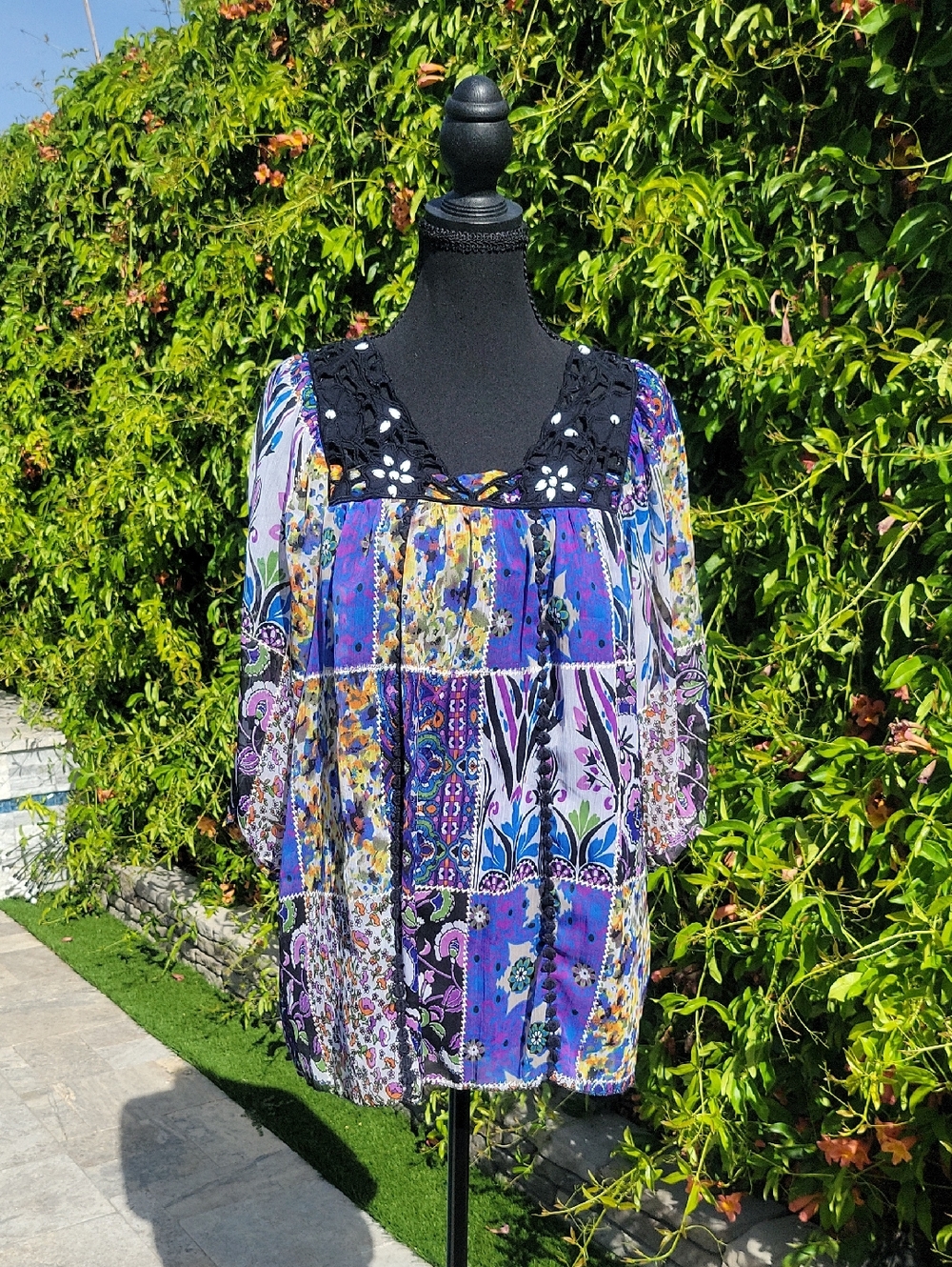 Floral Patchwork And Lace Trim Flowy Whimsigoth Boho Top M